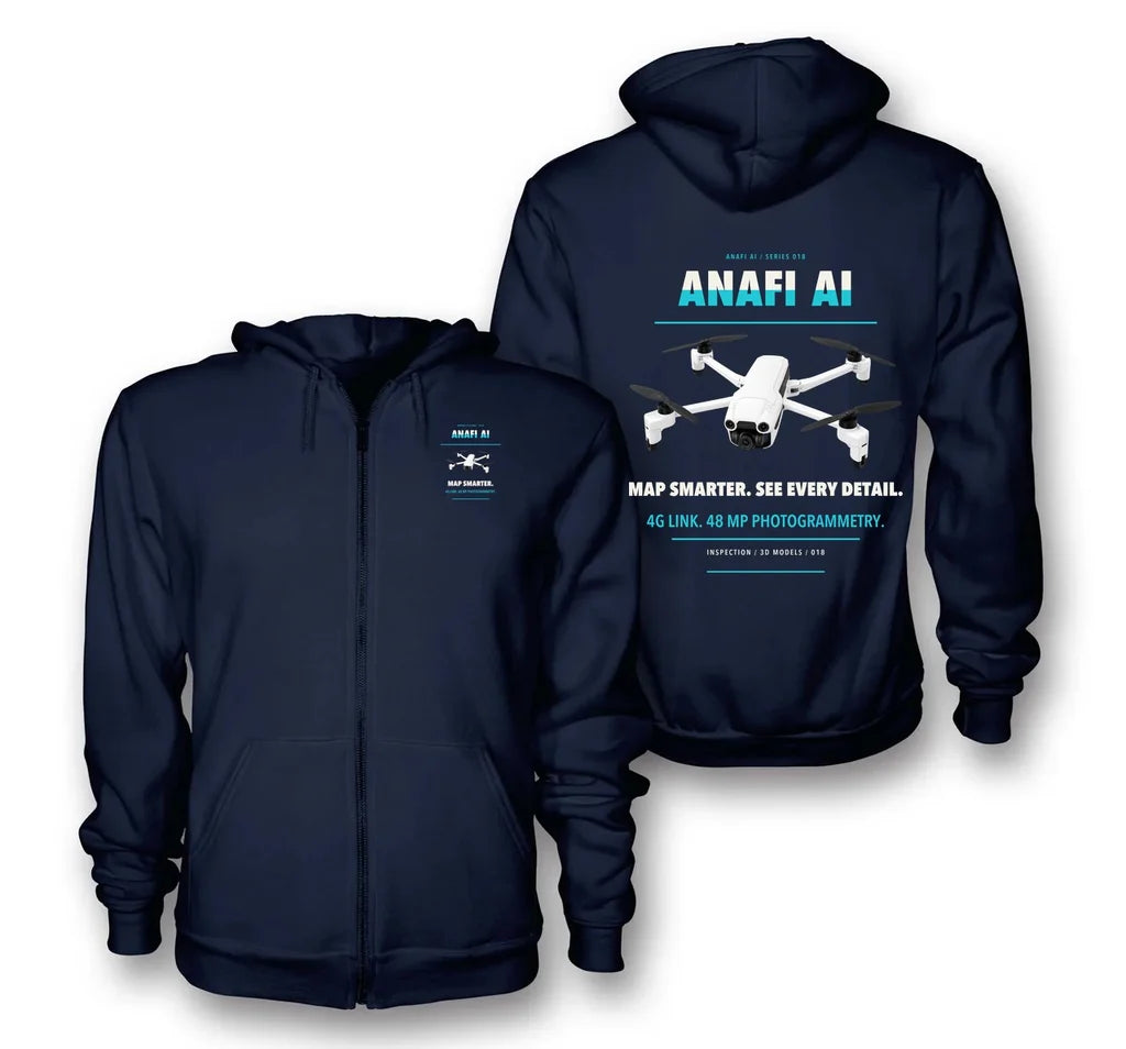 Parrot ANAFI Ai design on navy blue zipped hoodie