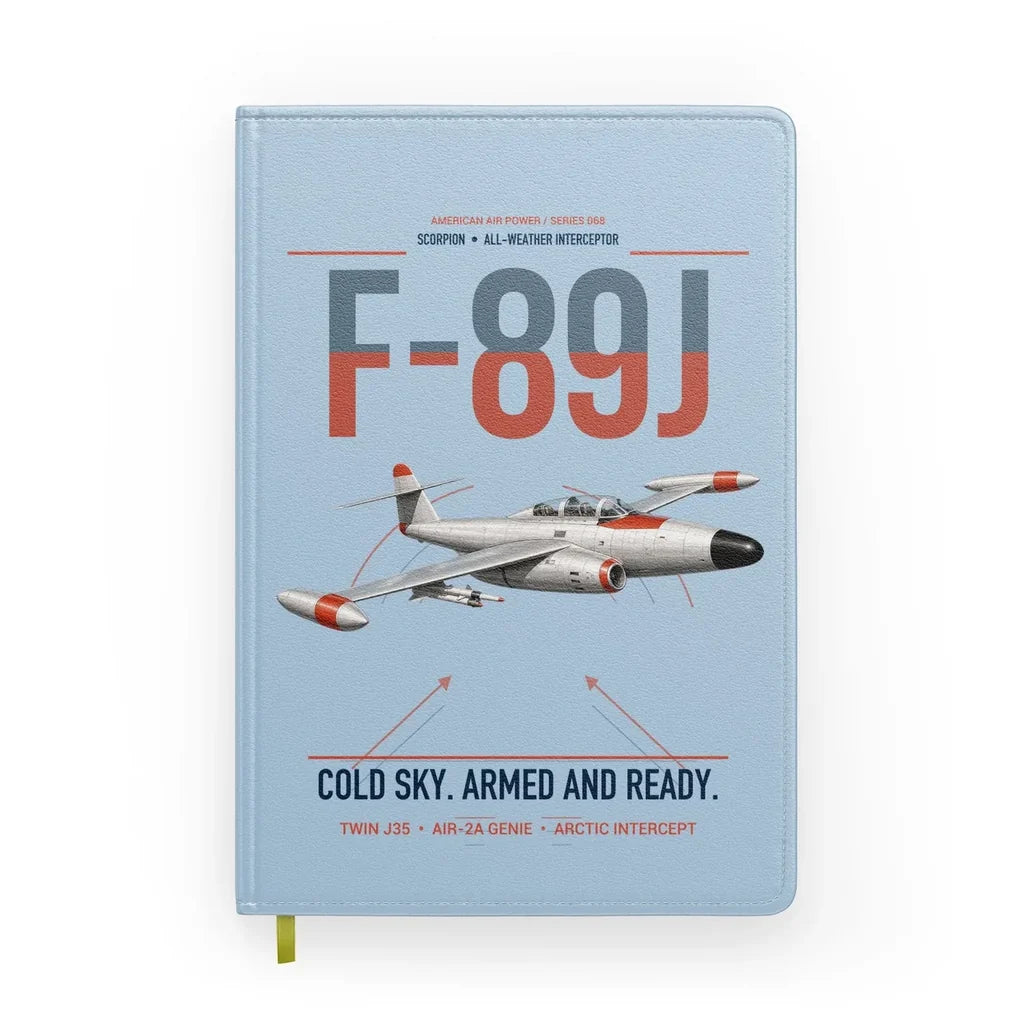 F-89J Scorpion design on light blue notebook