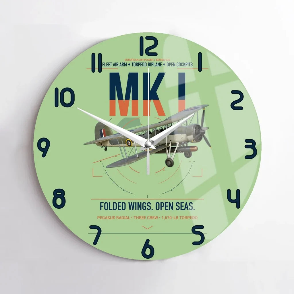 Fairey Swordfish Mk I design on light green no frame wall clock
