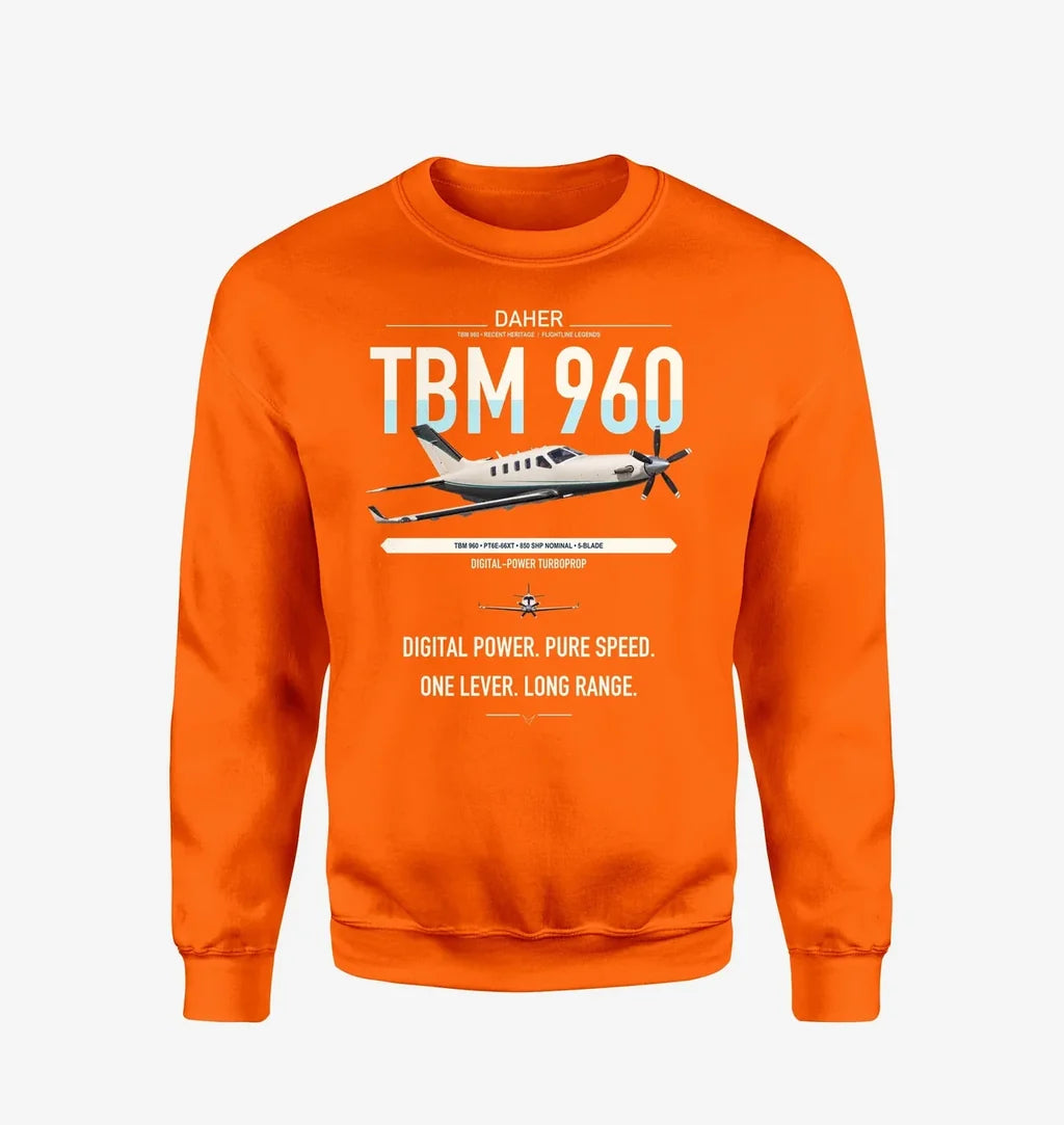 Daher TBM 960 design on orange sweatshirt