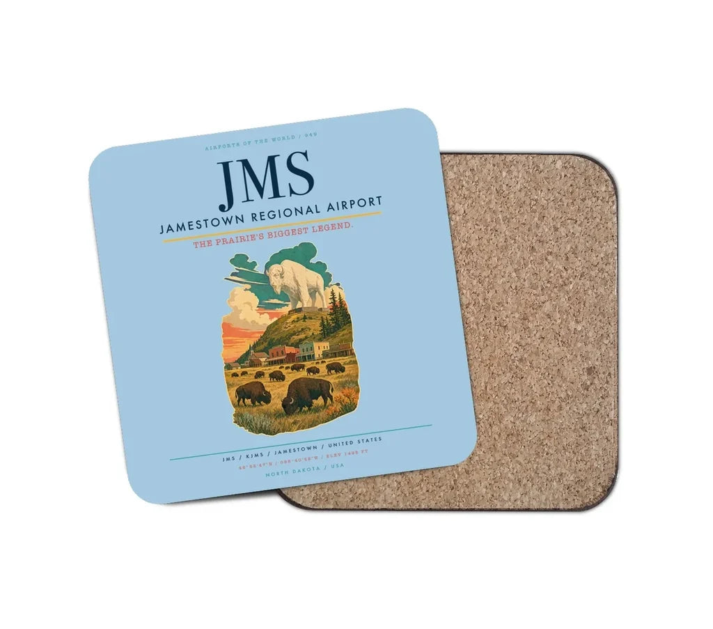 Jamestown Regional Airport (JMS) design on light blue 1 piece coaster