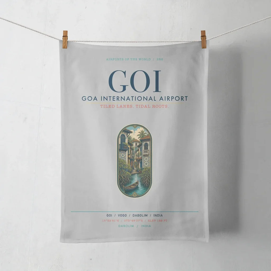 Goa International Airport Dabolim (GOI) design on light gray towel
