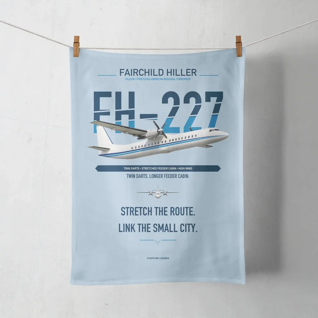 Fairchild Hiller FH-227B design on light blue towel