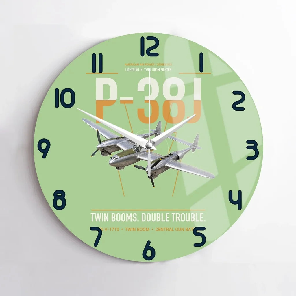 P-38J Lightning design on light green no frame wall clock
