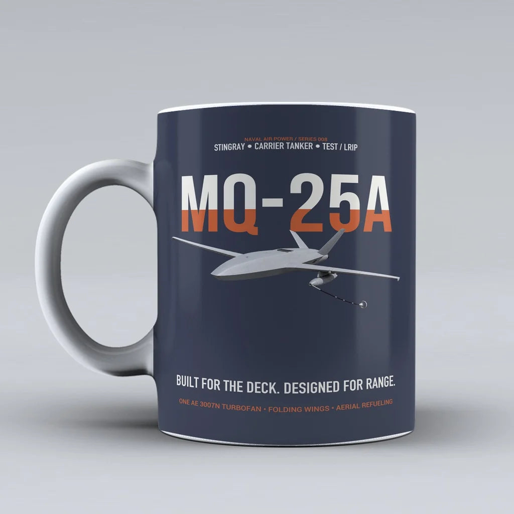 MQ-25A STINGRAY design on dark blue ceramic mug, double-side print