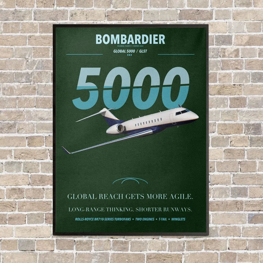 Bombardier Global 5000 vertical canvas print - framed - dark green background