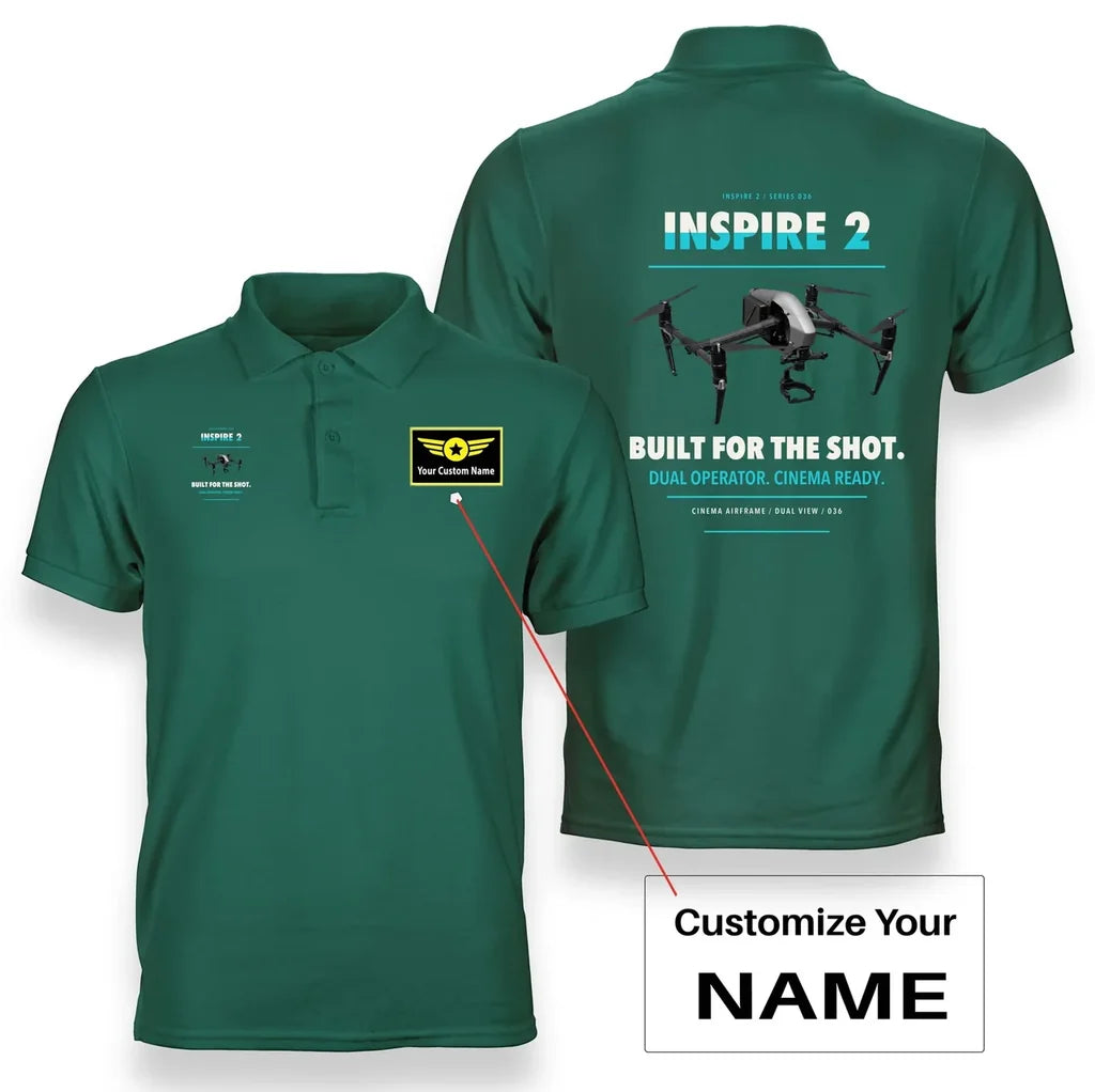 DJI Inspire 2 design on green polo with custom name badge