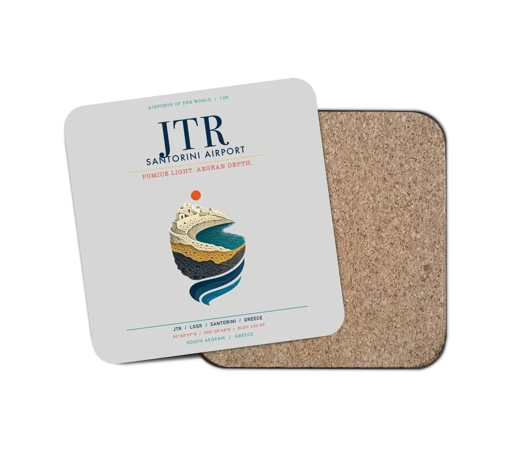 Santorini Airport (JTR) design on light gray 1 piece coaster