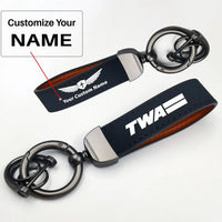 Thumbnail for Trans World Airlines (TWA) Horseshoe Buckle key chain, Navy Blue + Name