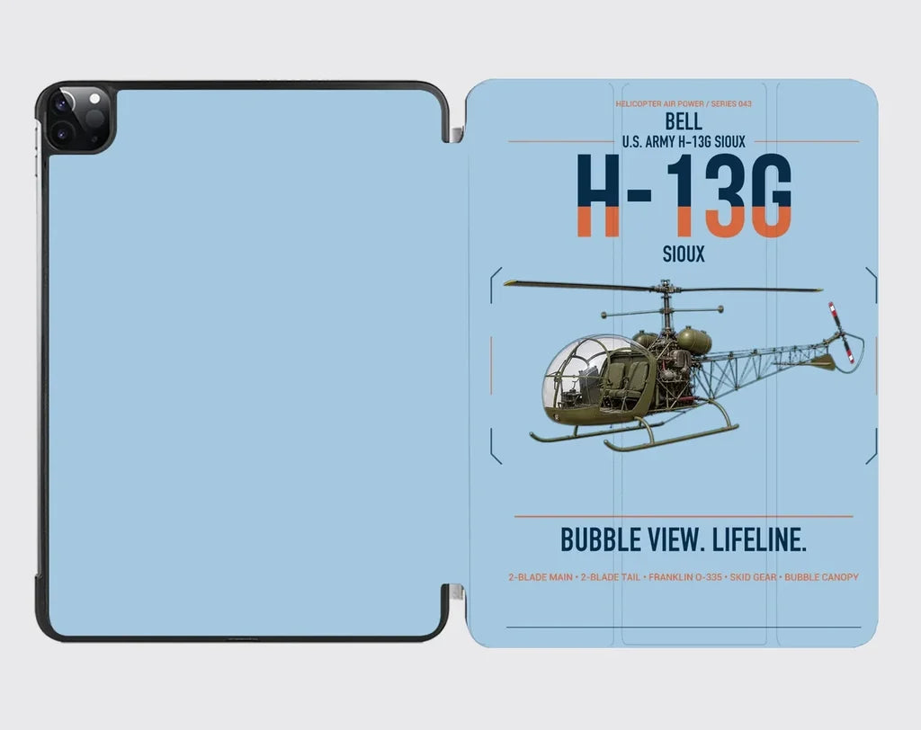 Bell H-13G Sioux design on light blue ipad tablet case