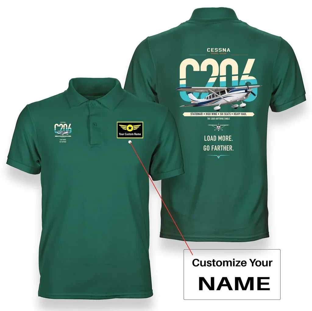 Cessna 206 Stationair design on green+name double-side polo t-shirt, double-side print
