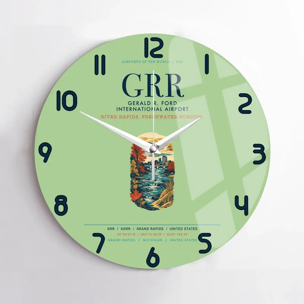 Gerald R. Ford International Airport Grand Rapids (GRR) design on light green no frame wall clock