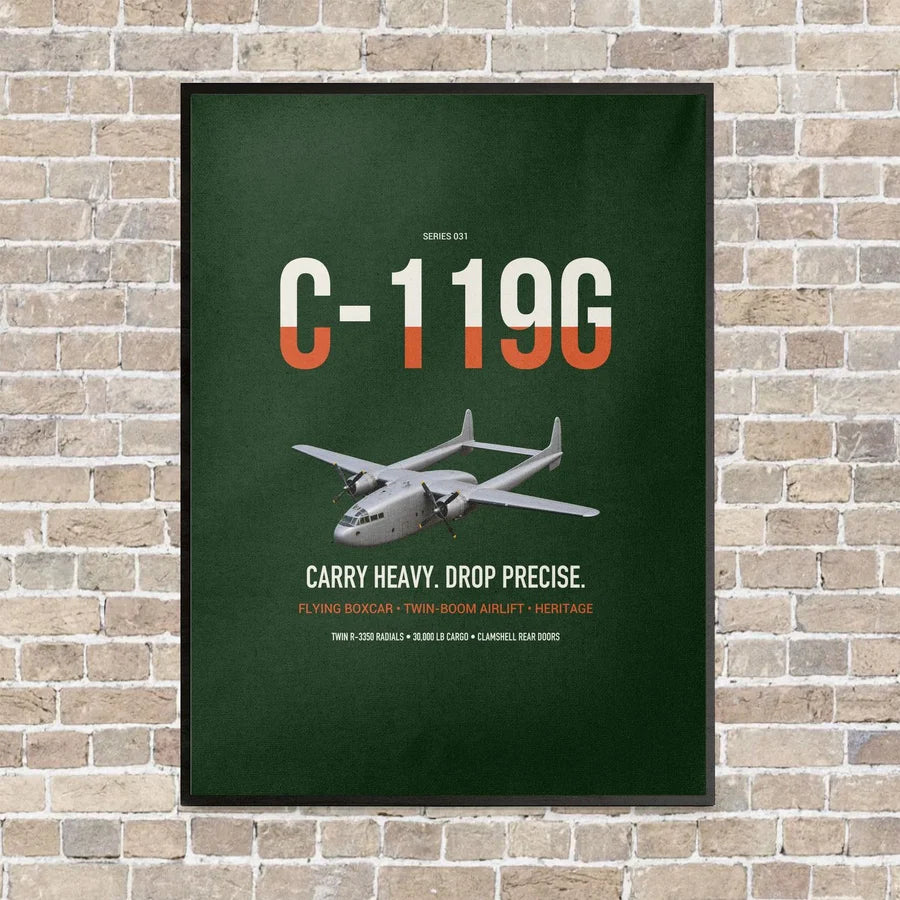 C-119G Flying Boxcar vertical canvas print - framed - dark green background