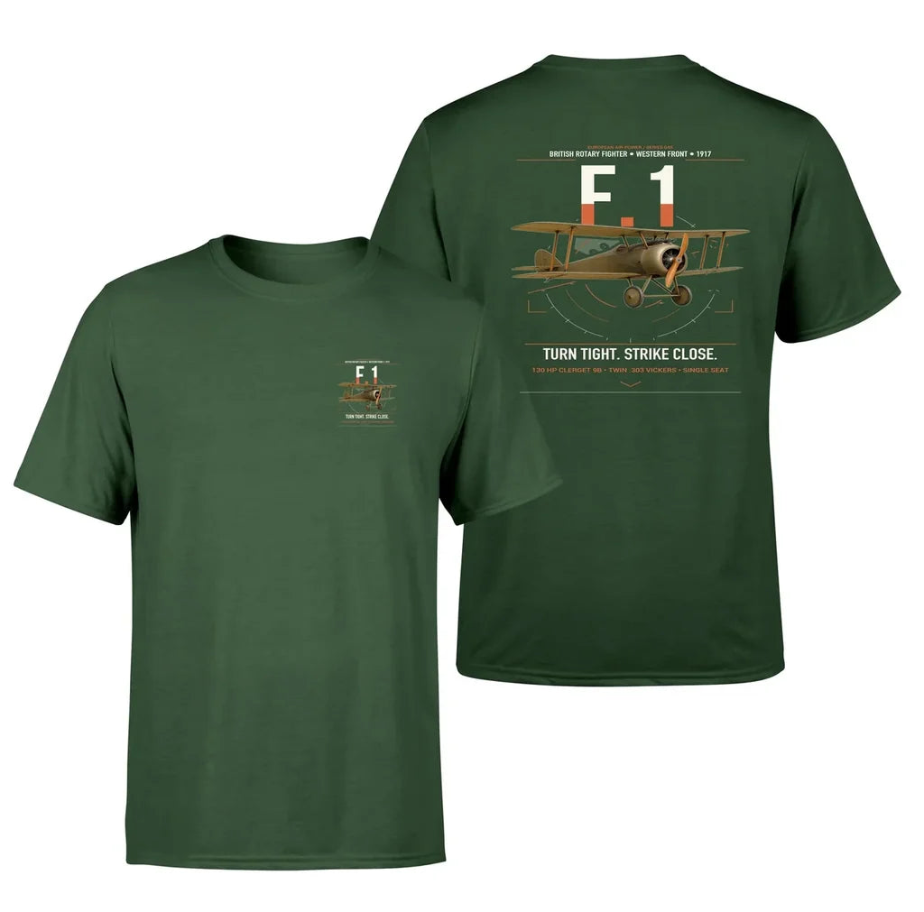 Sopwith Camel F.1 design on dark green t-shirt, double-side print