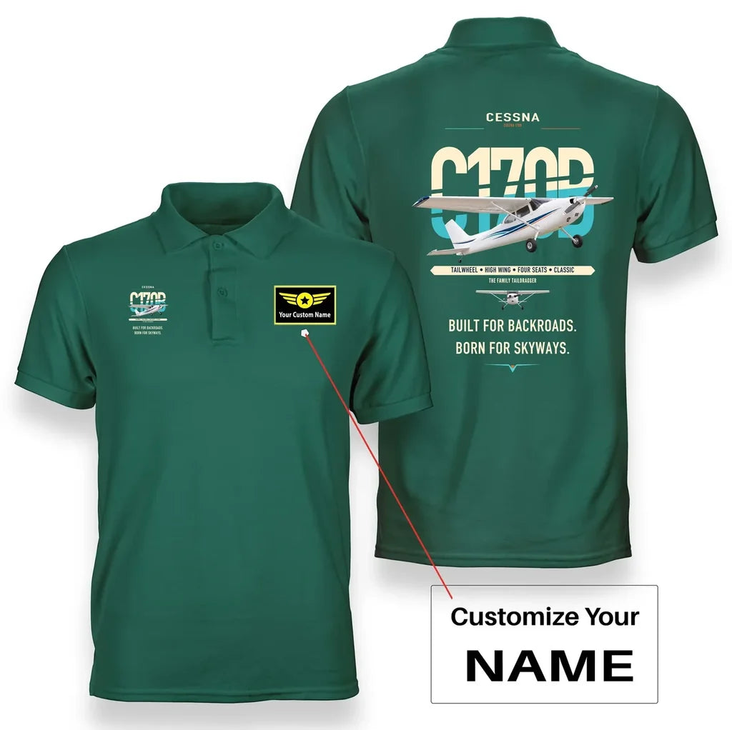 Cessna 170B design on green+name double-side polo t-shirt, double-side print