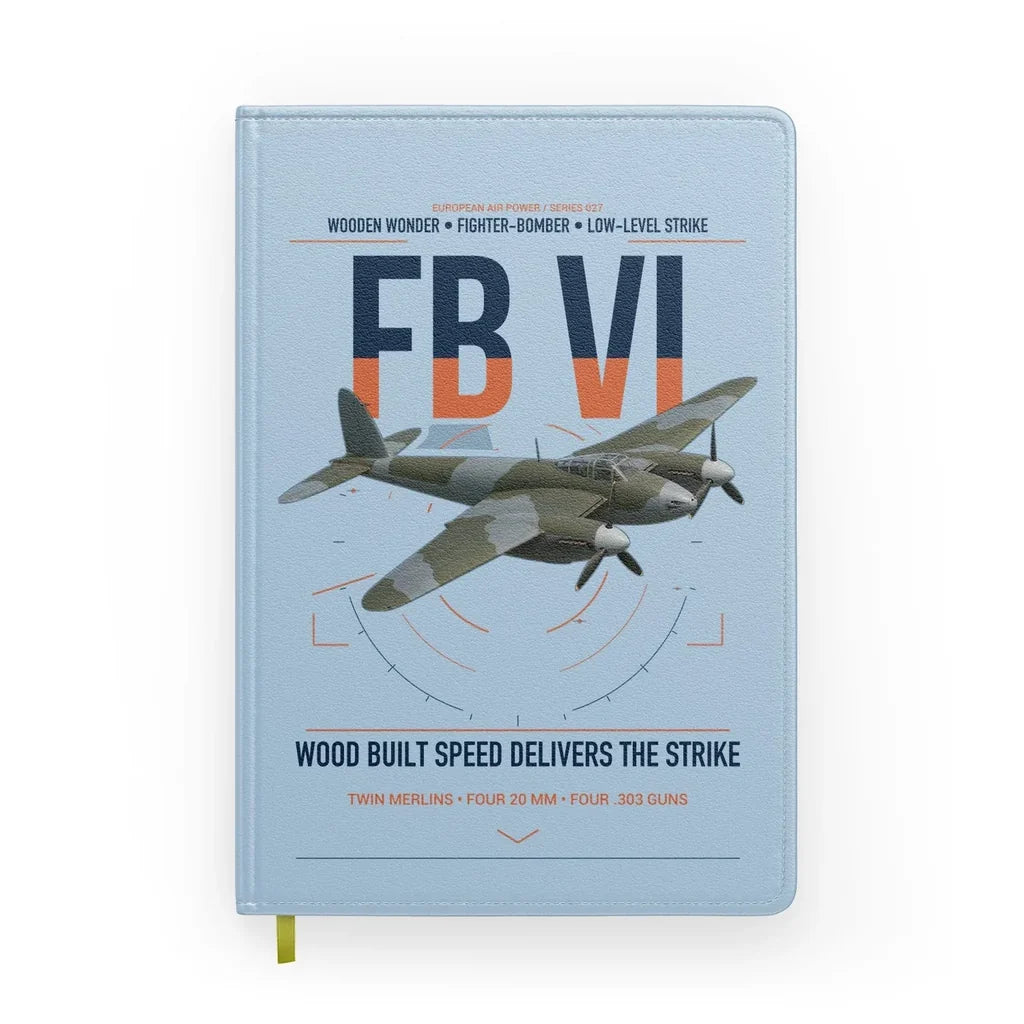 de Havilland Mosquito FB VI design on light blue notebook