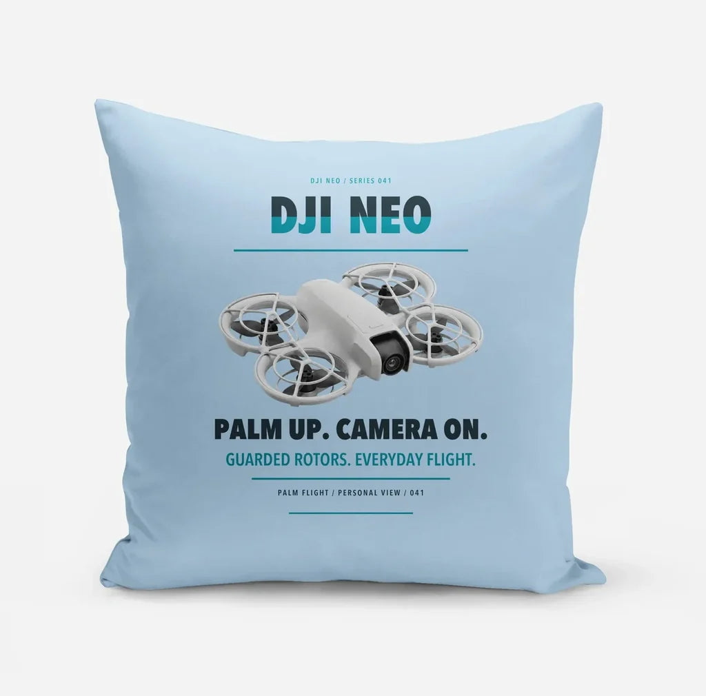DJI Neo design on light blue pillow