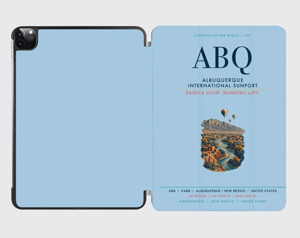 Albuquerque International Sunport (ABQ) design on light blue ipad tablet case