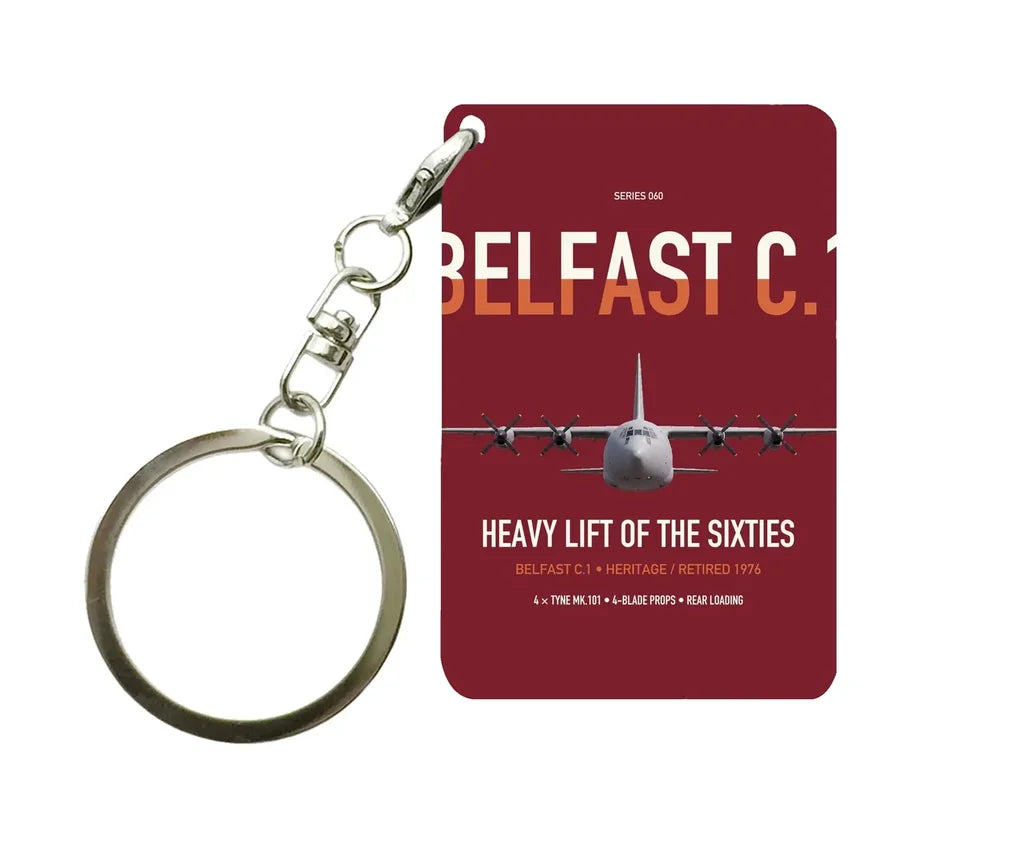 Short Belfast C.1 design on dark red designed key chain, double-side print