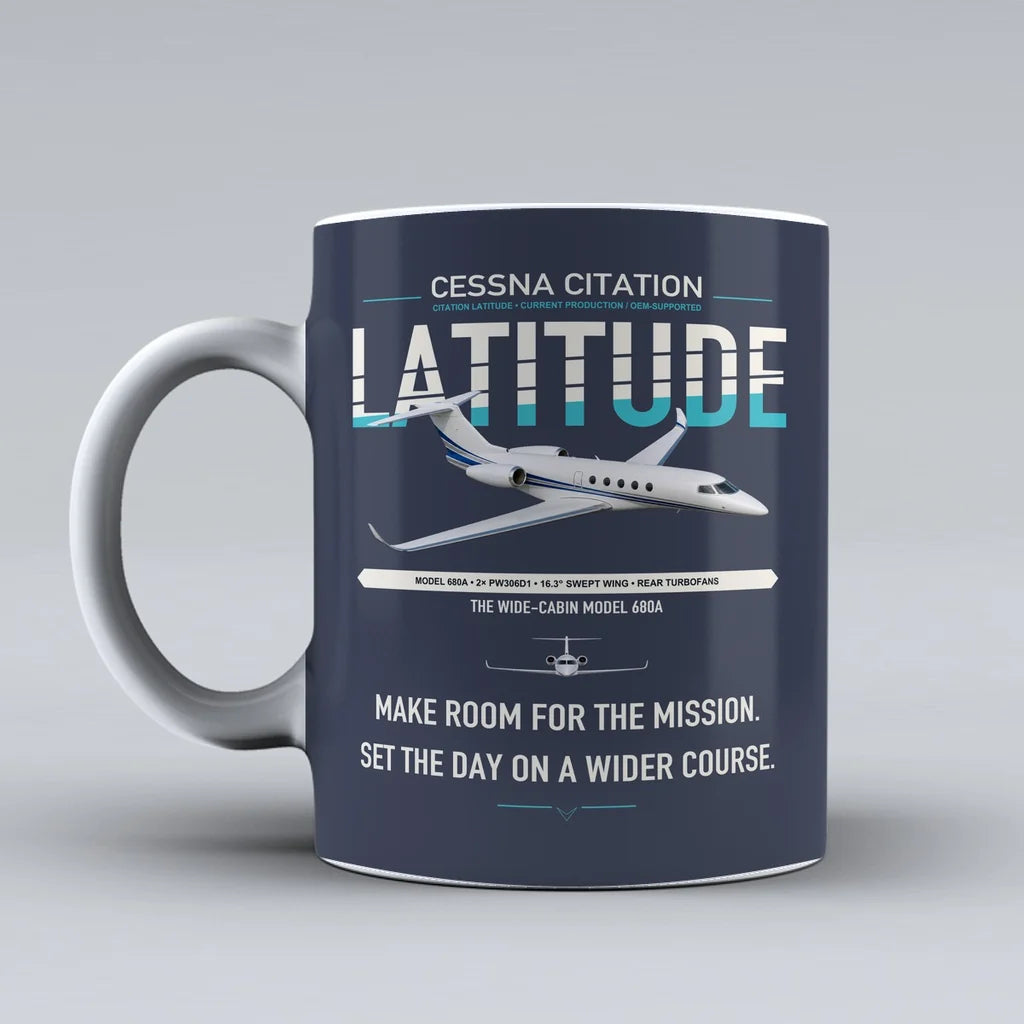 Cessna Citation Latitude design on dark blue ceramic mug, double-side print