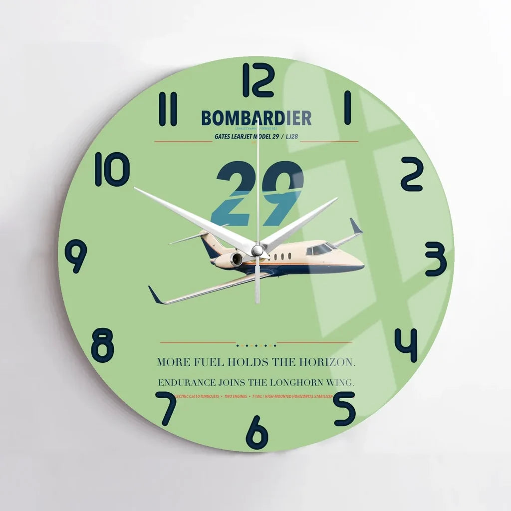 Bombardier Learjet 29 design on light green no frame wall clock