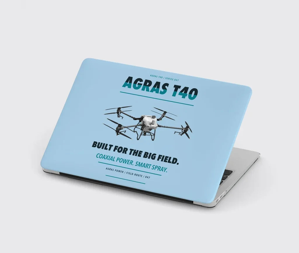 DJI Agras T40 design on light blue MacBook case