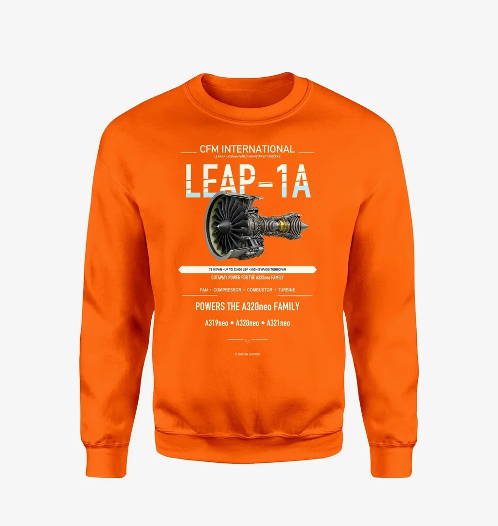 CFM LEAP-1A design on orange sweatshirt