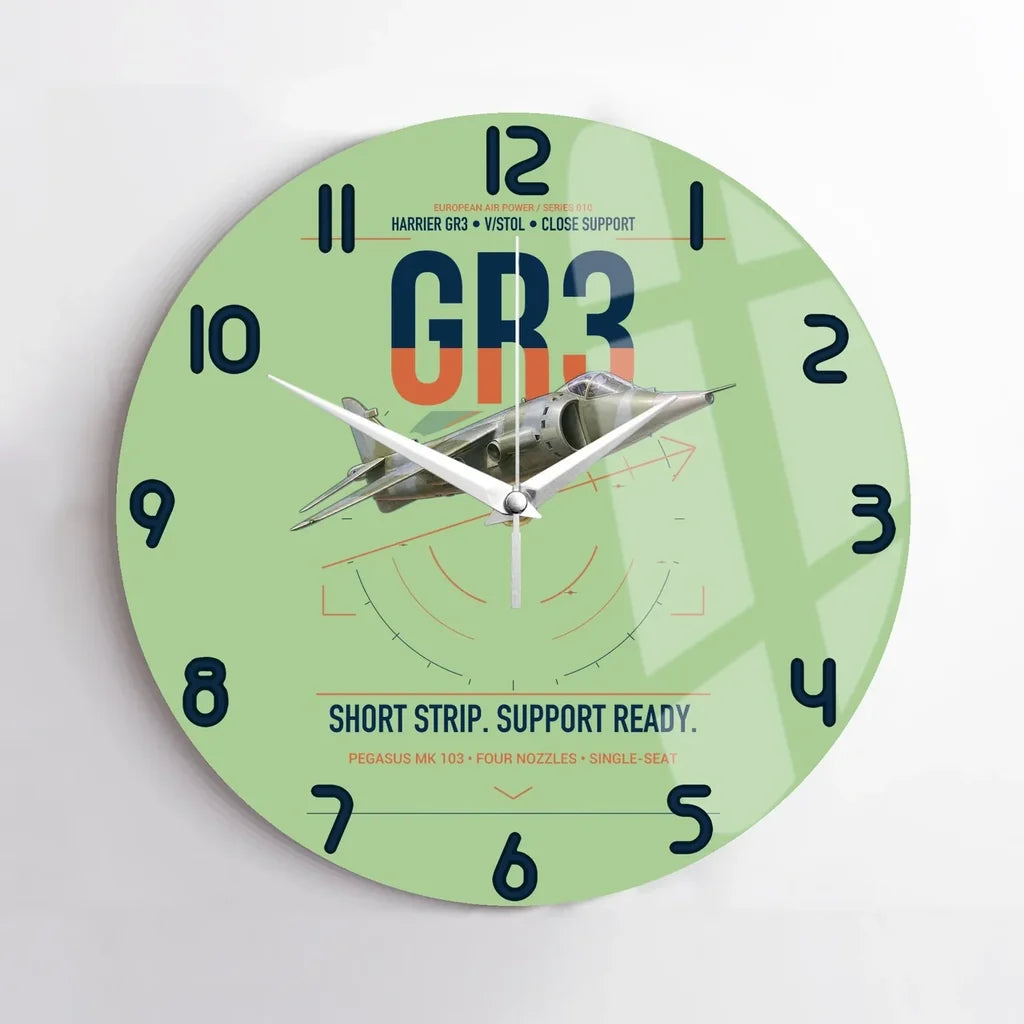 Hawker Siddeley Harrier GR3 design on light green no frame wall clock