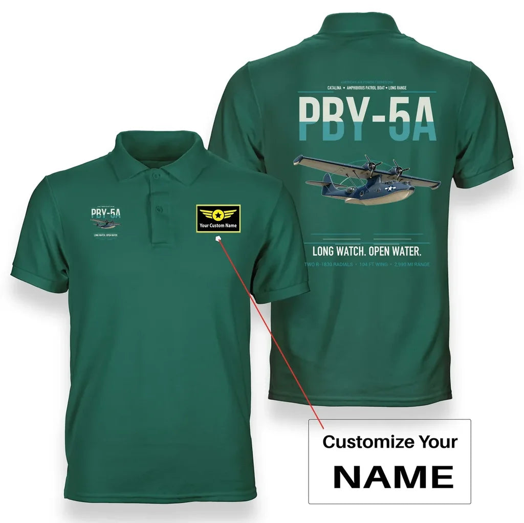 PBY-5A Catalina design on green+name double-side polo t-shirt, double-side print