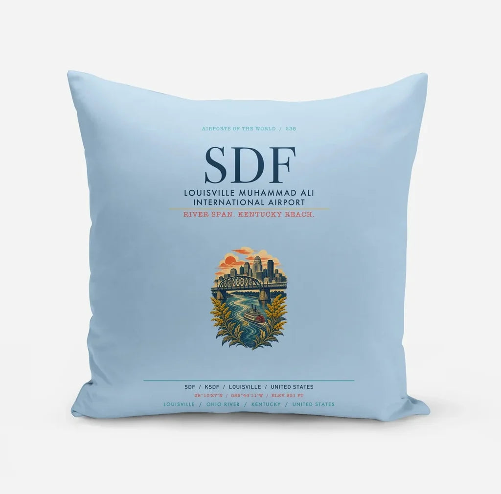 Louisville Muhammad Ali International Airport (SDF) design on light blue pillow