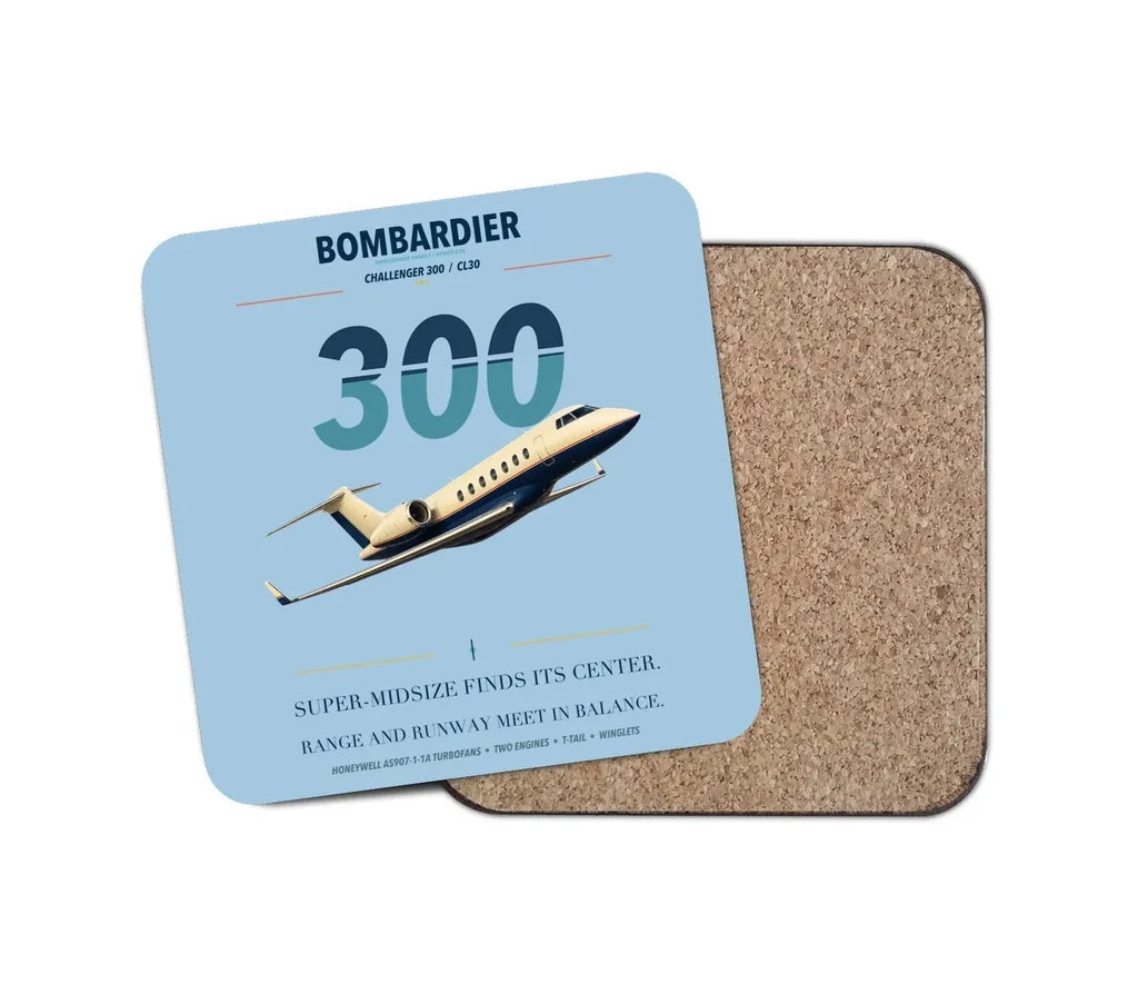 Bombardier Challenger 300 design on light blue 1 piece coaster