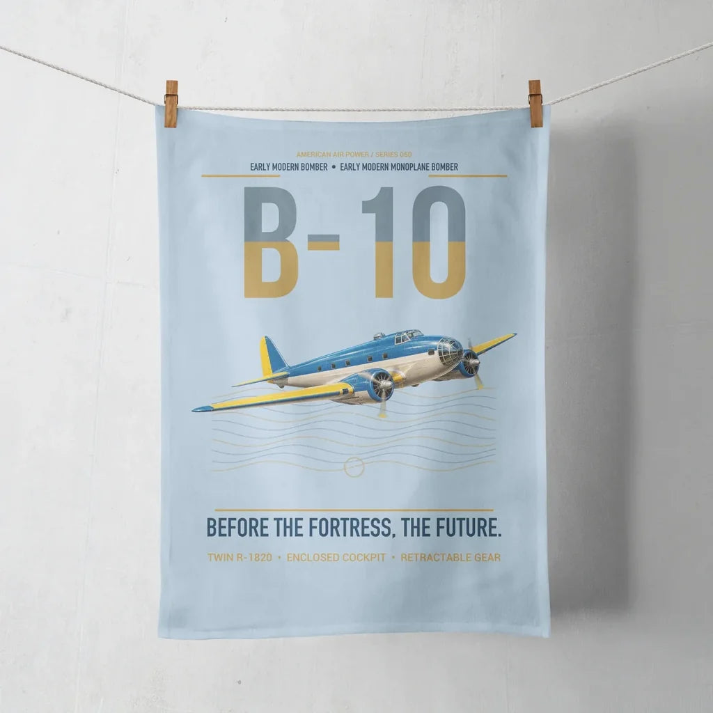Martin B-10 design on light blue towel