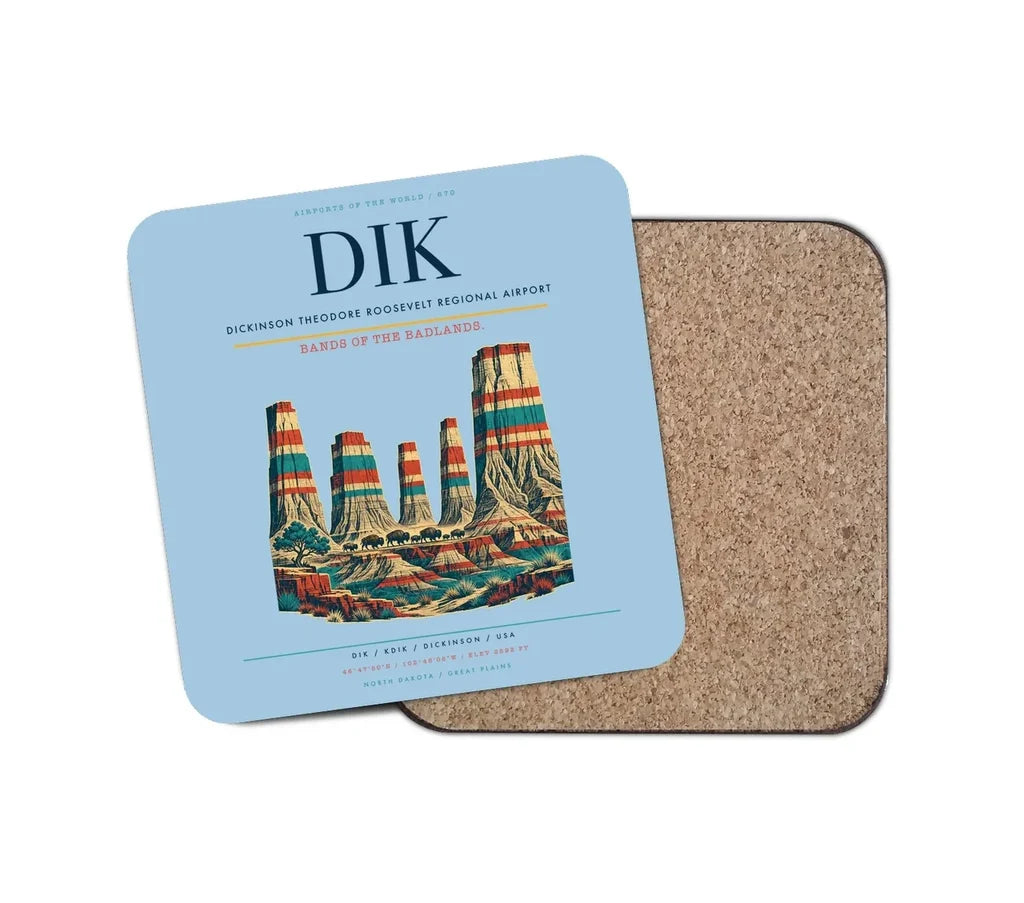 Dickinson Theodore Roosevelt Regional Airport (DIK) design on light blue 1 piece coaster
