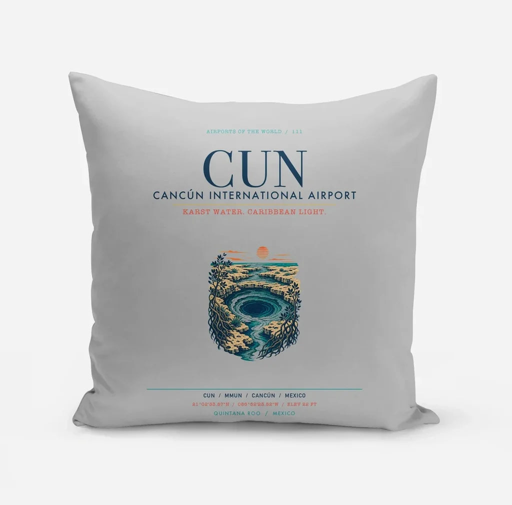 Cancún International Airport (CUN) design on light gray pillow