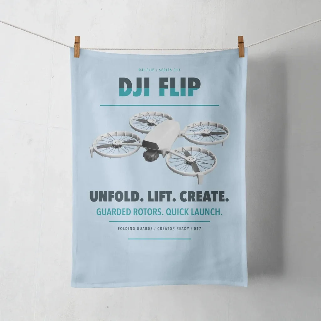 DJI Flip design on light blue towel