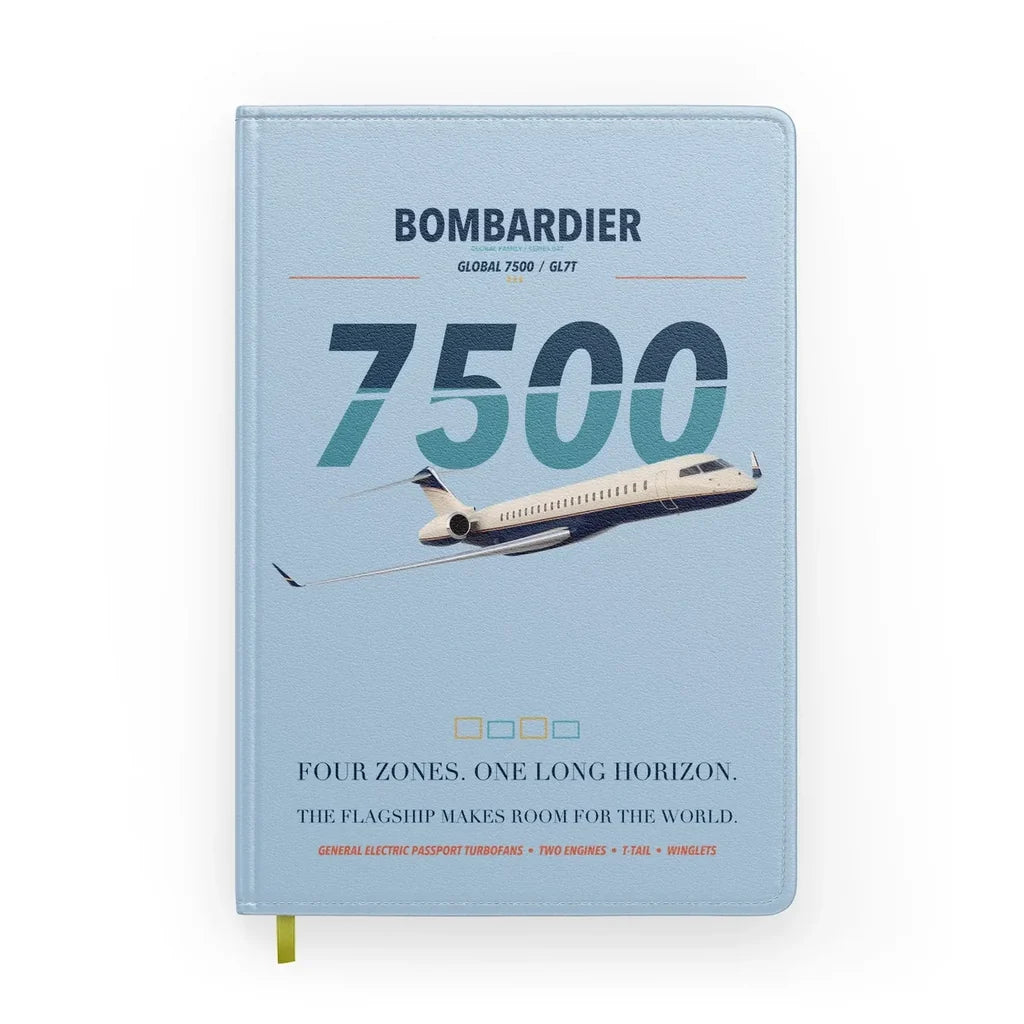 Bombardier Global 7500 design on light blue notebook