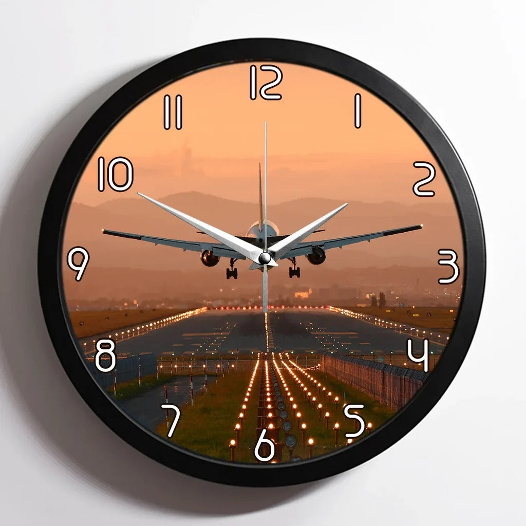 Super Cool Landing During Sunset aviation design on premium wood and metal wall clock.