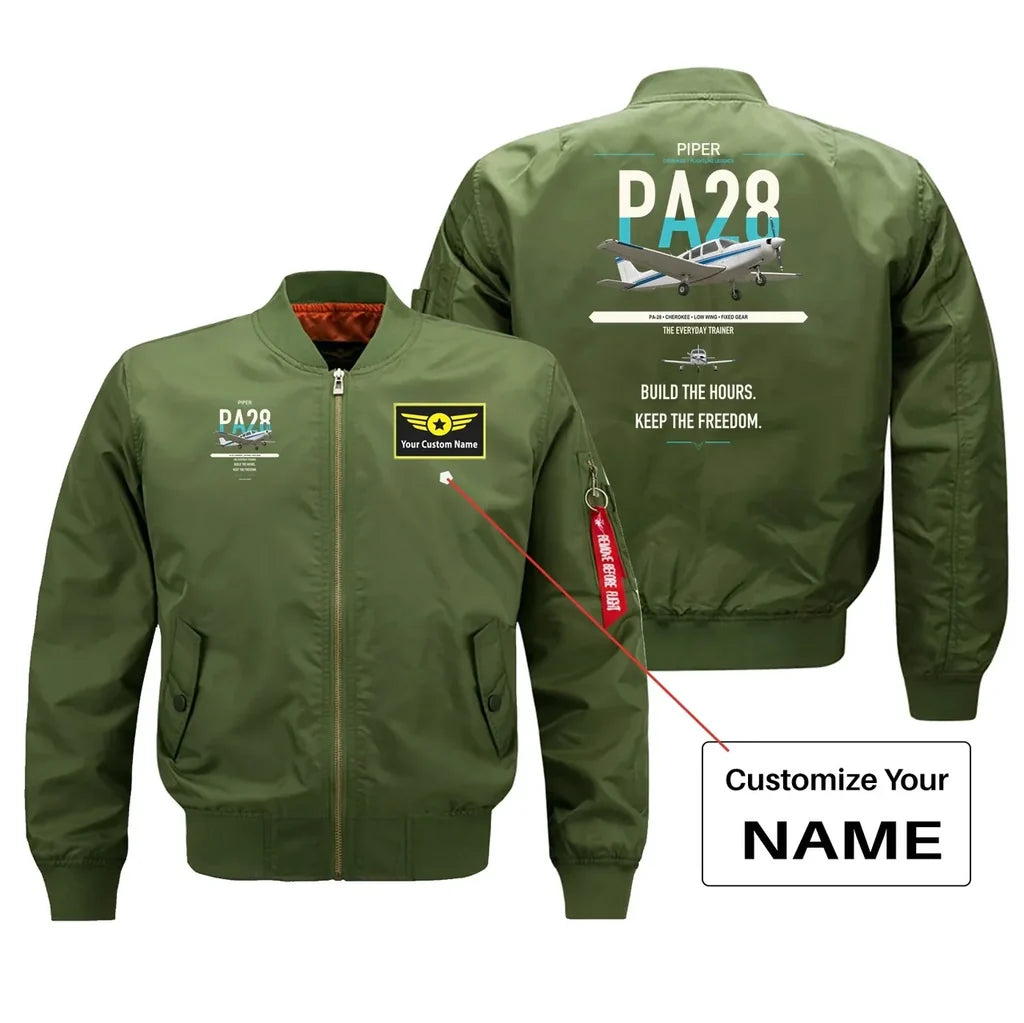 Piper PA-28 Cherokee design on green+name bomber jacket, double-side print