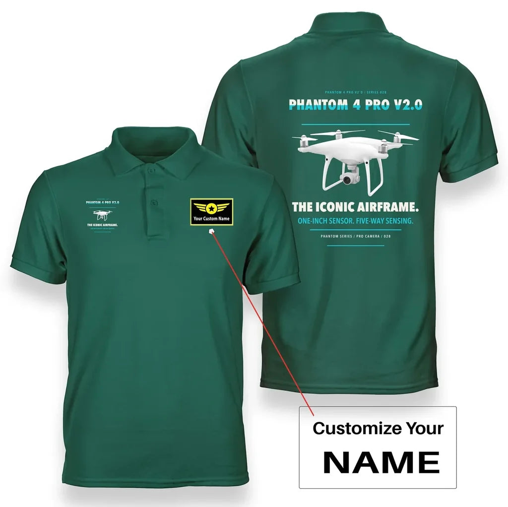 DJI Phantom 4 Pro V2.0 design on green polo with custom name badge