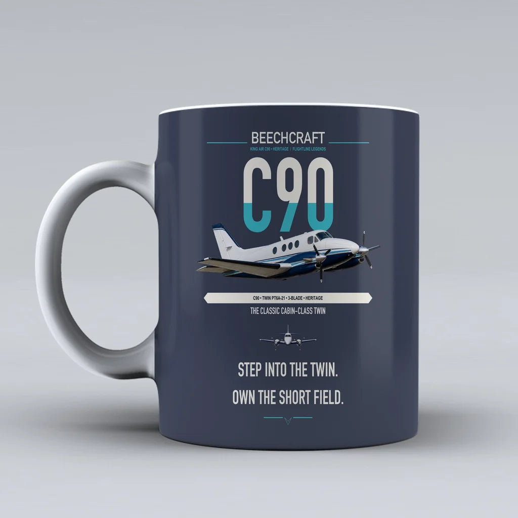Beechcraft King Air C90 design on dark blue ceramic mug, double-side print