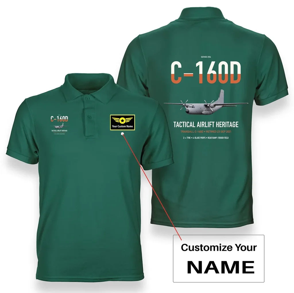 Transall C-160D design on green+name double-side polo t-shirt, double-side print
