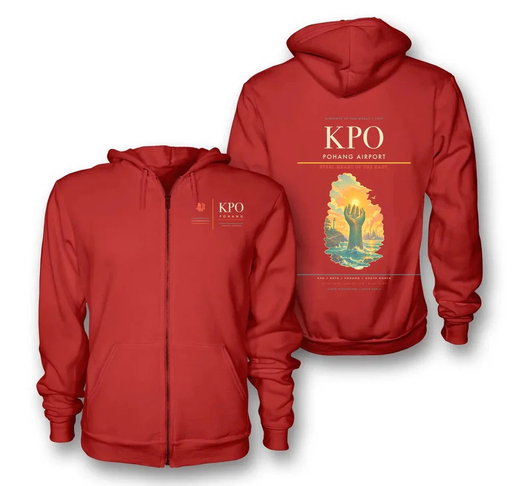 Pohang Airport (KPO) design on red premium zipped hoodie