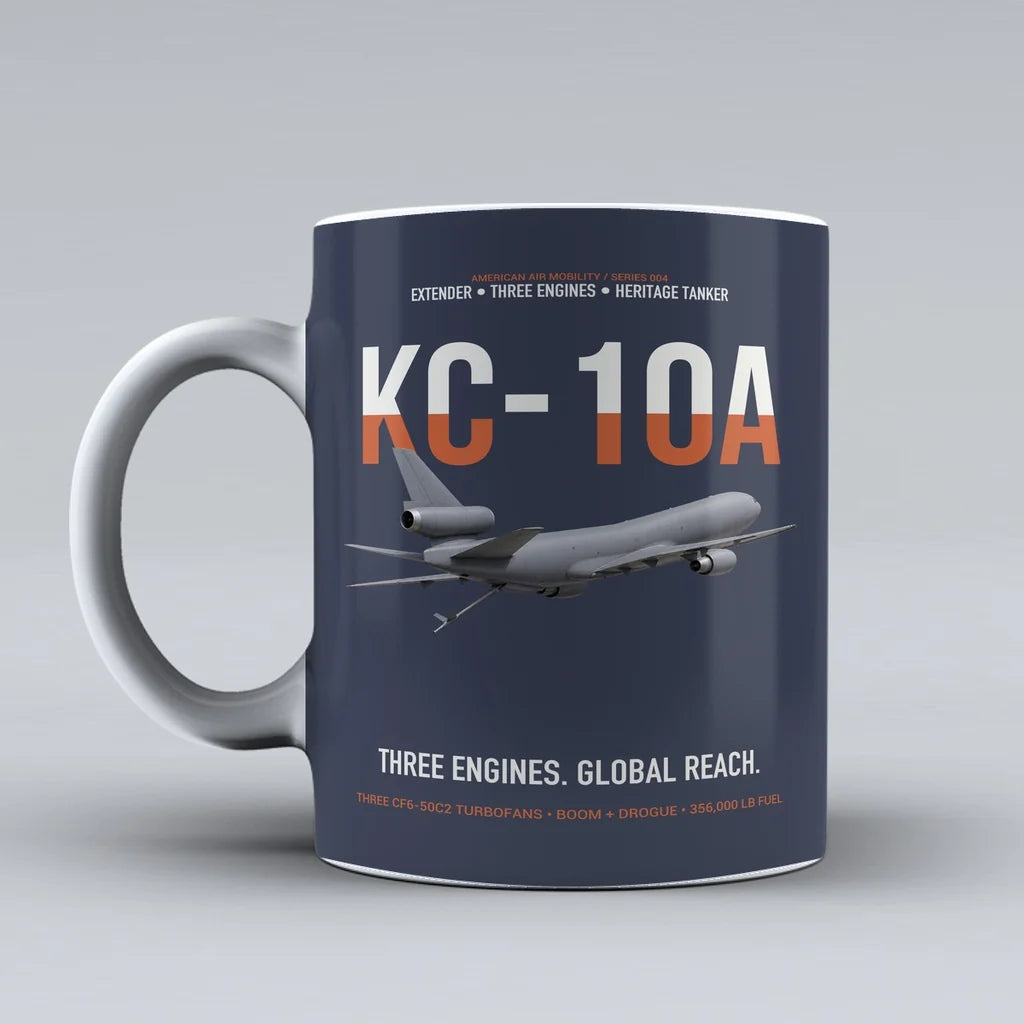 KC-10A EXTENDER design on dark blue ceramic mug, double-side print