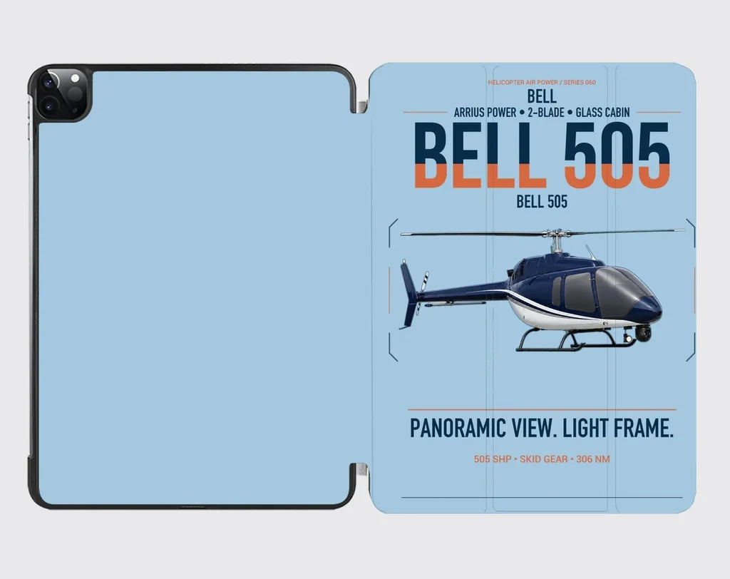Bell 505 design on light blue ipad tablet case