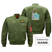 Thumbnail for Norman Manley International Airport (KIN) design on green bomber jacket with custom name patch