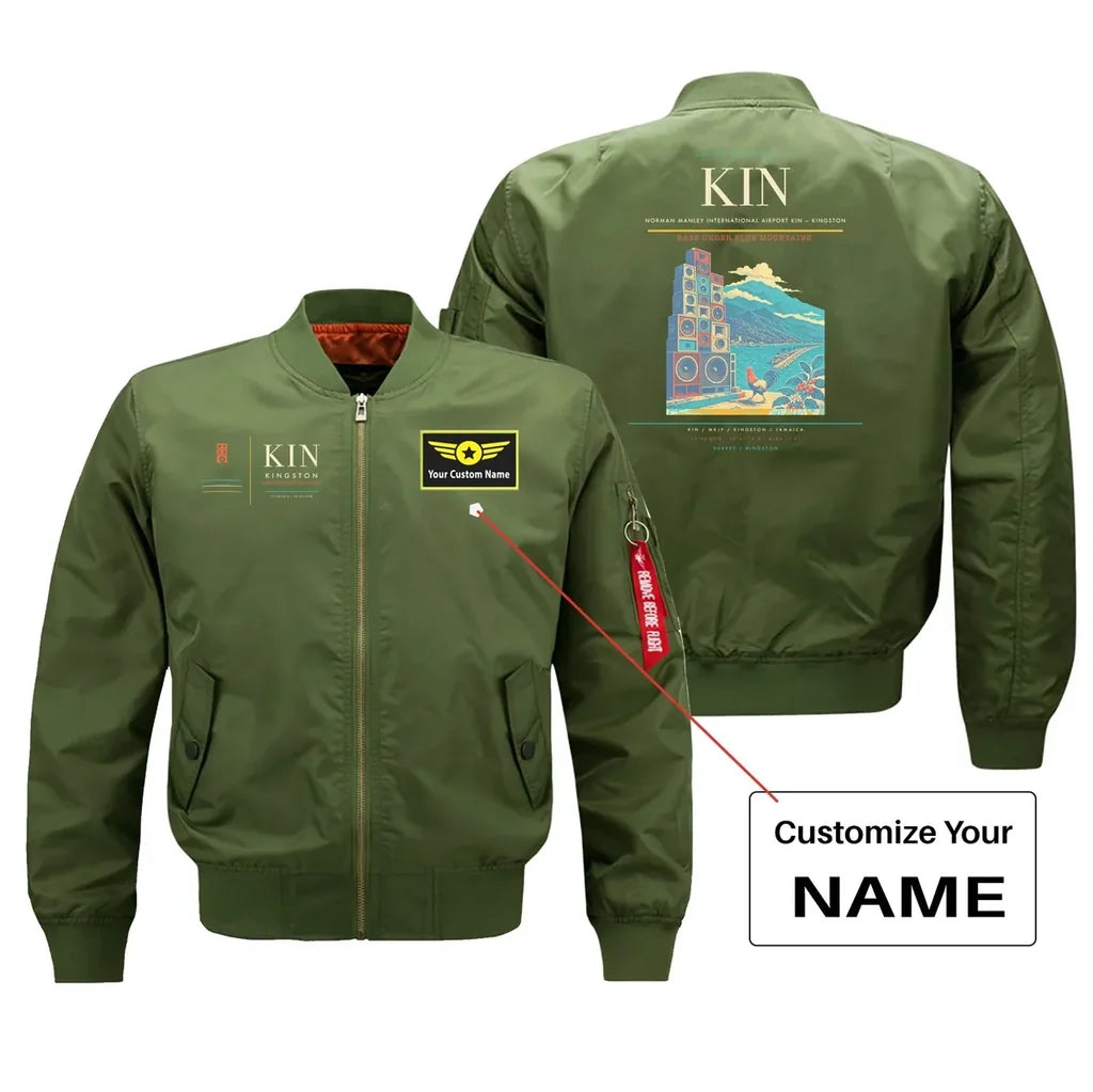 Norman Manley International Airport (KIN) design on green bomber jacket with custom name patch