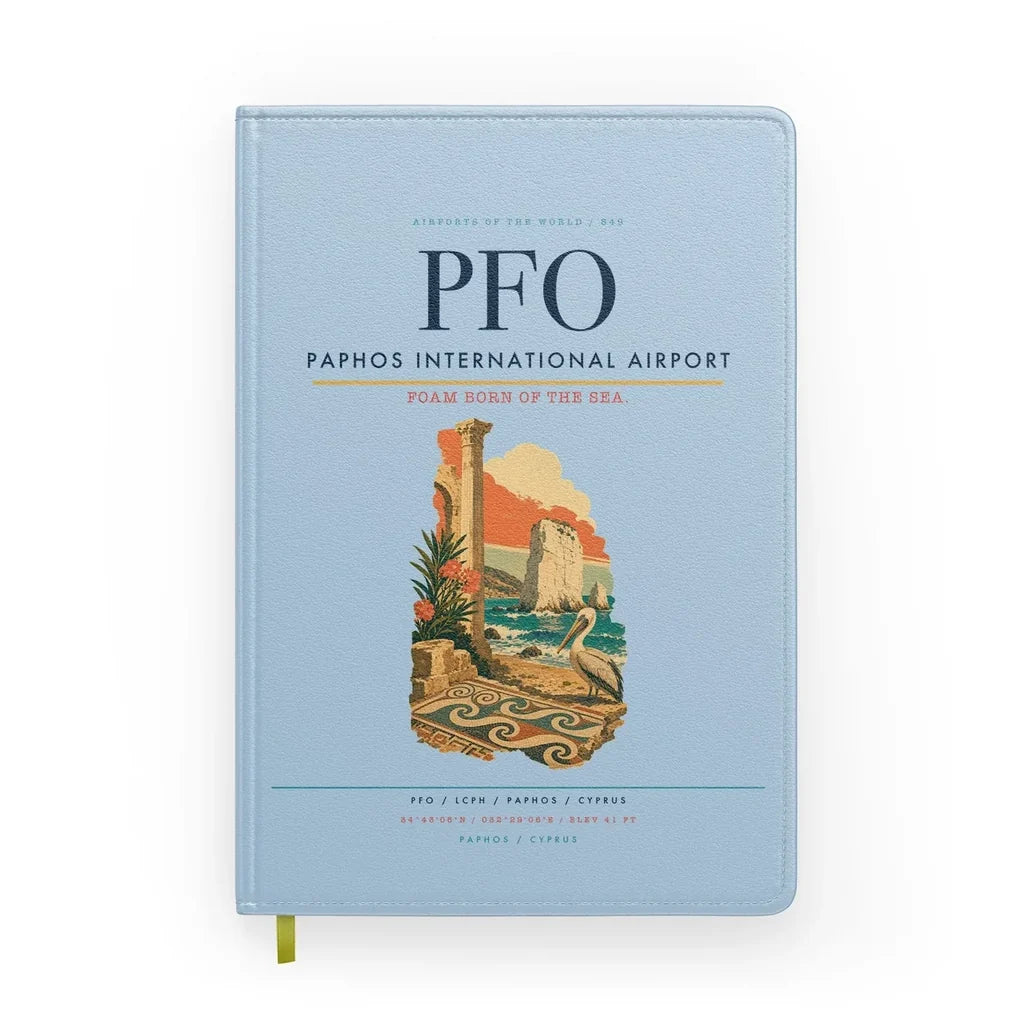 Paphos International Airport (PFO) design on light blue notebook