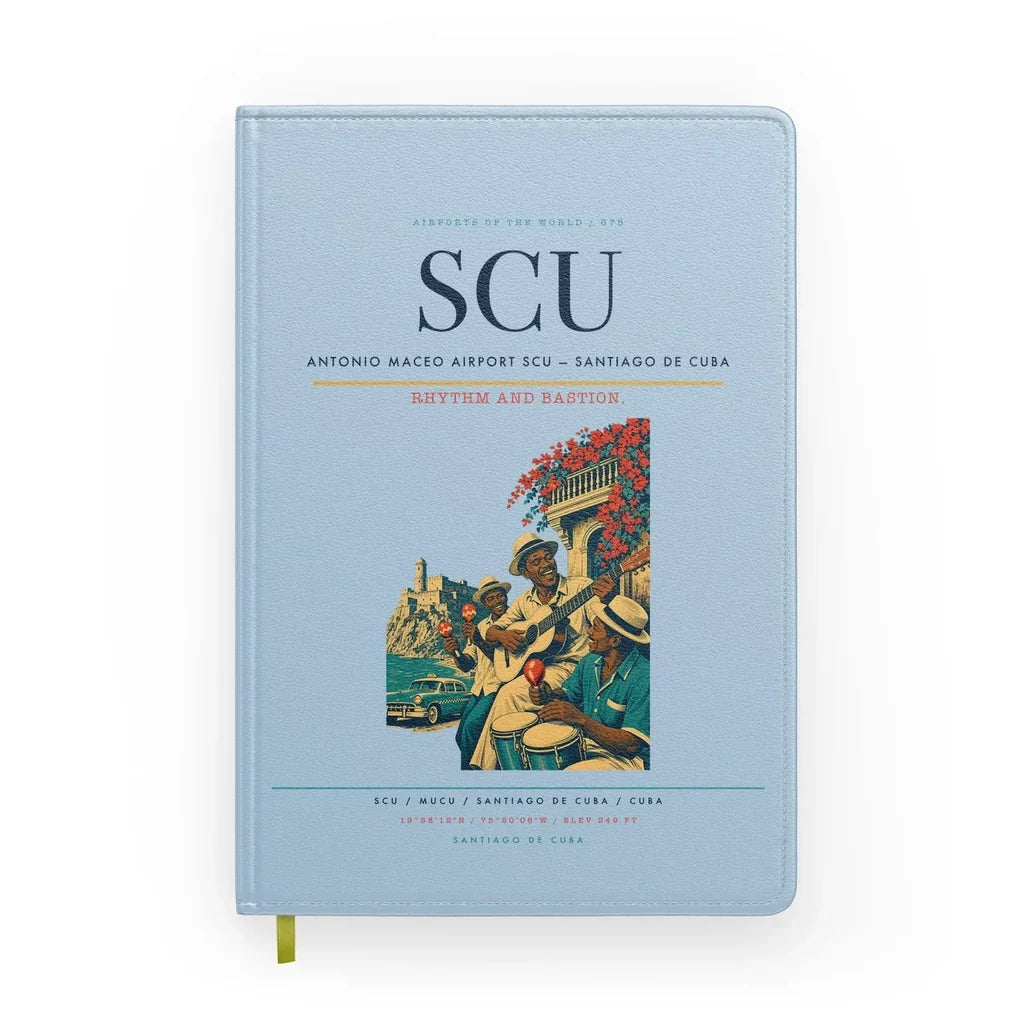 Antonio Maceo Airport (SCU) design on light blue notebook