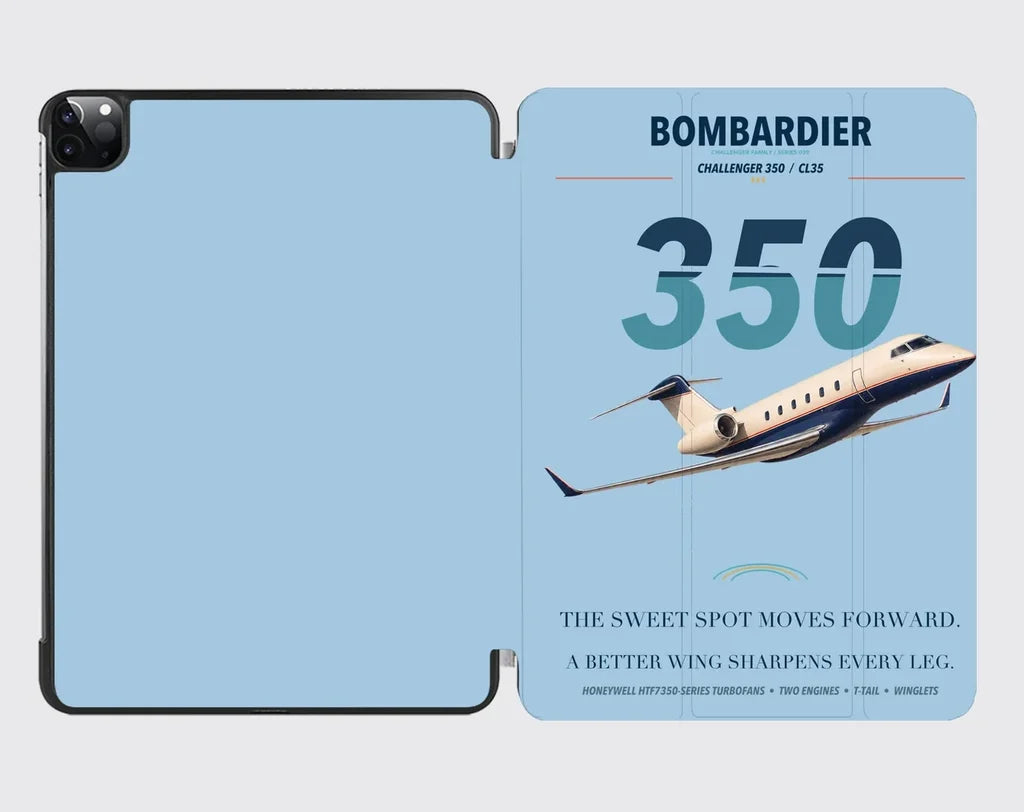 Bombardier Challenger 350 design on light blue ipad tablet case