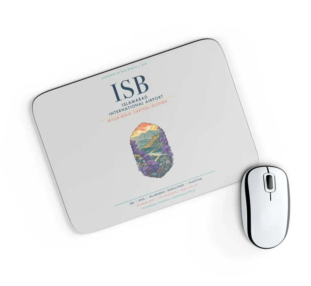Islamabad International Airport (ISB) design on light gray rectangle mouse pad